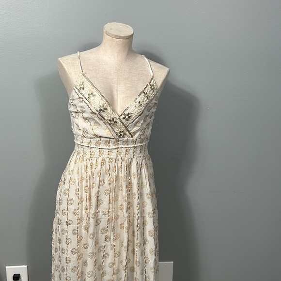 Me 2 Magic Cream over Gold Print V-neck Ruched Back Layered Skirt Maxi Dress M - Picture 4 of 17